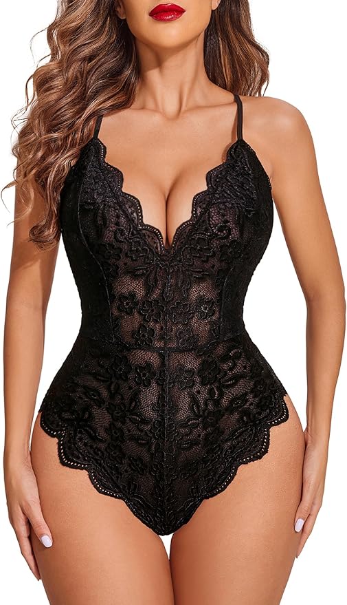 Women's deep V sexy lace bodysuit with snap crotch
