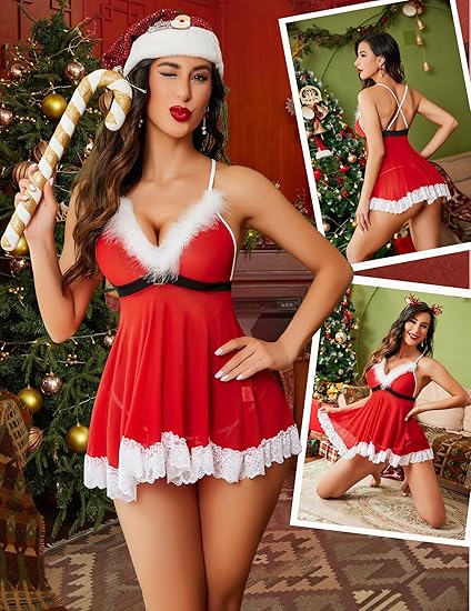 Women's Christmas Lingerie Red Santa Claus Doll Sleepwear Set（Large-3XL）