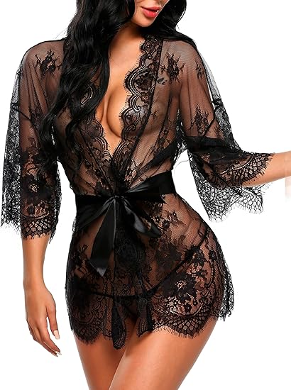 Women's Lace Kimono Robe Doll Style Lingerie Mesh Pajamas