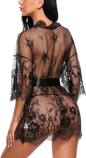 Women's Lace Kimono Robe Doll Style Lingerie Mesh Pajamas