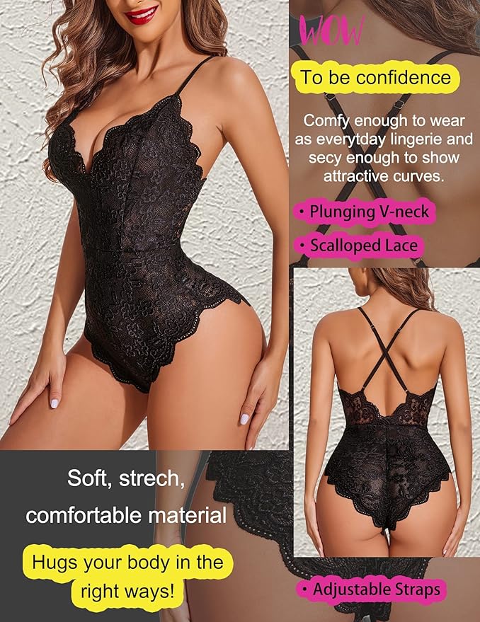 Women's deep V sexy lace bodysuit with snap crotch