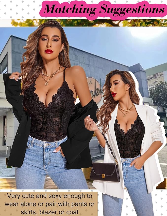Women's deep V sexy lace bodysuit with snap crotch